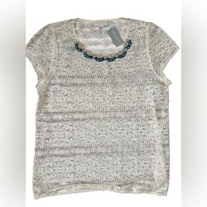 NWT Forever 21 Cream Colored Lace Blouse with Blue and silver jeweled Neckline